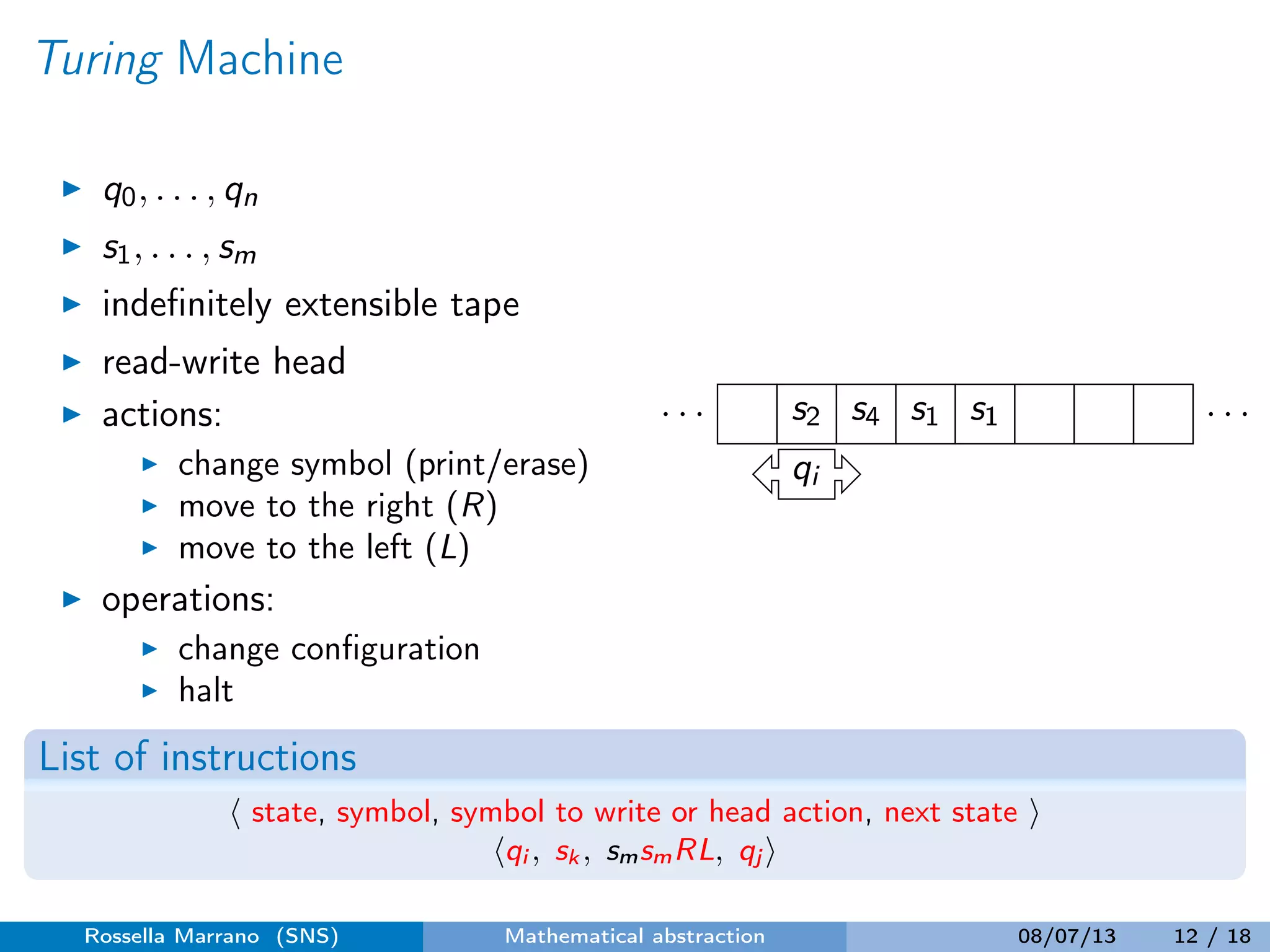 Turing Machine
q0, . . . , qn
s1, . . . , sm
indeﬁnitely extensible tape
read-write head
actions:
change symbol (print/erase)
move to the right (R)
move to the left (L)
operations:
change conﬁguration
halt
. . . s2 s4 s1 s1 . . .
qi
List of instructions
state, symbol, symbol to write or head action, next state
qi , sk , smsmRL, qj
Rossella Marrano (SNS) Mathematical abstraction 08/07/13 12 / 18
 
