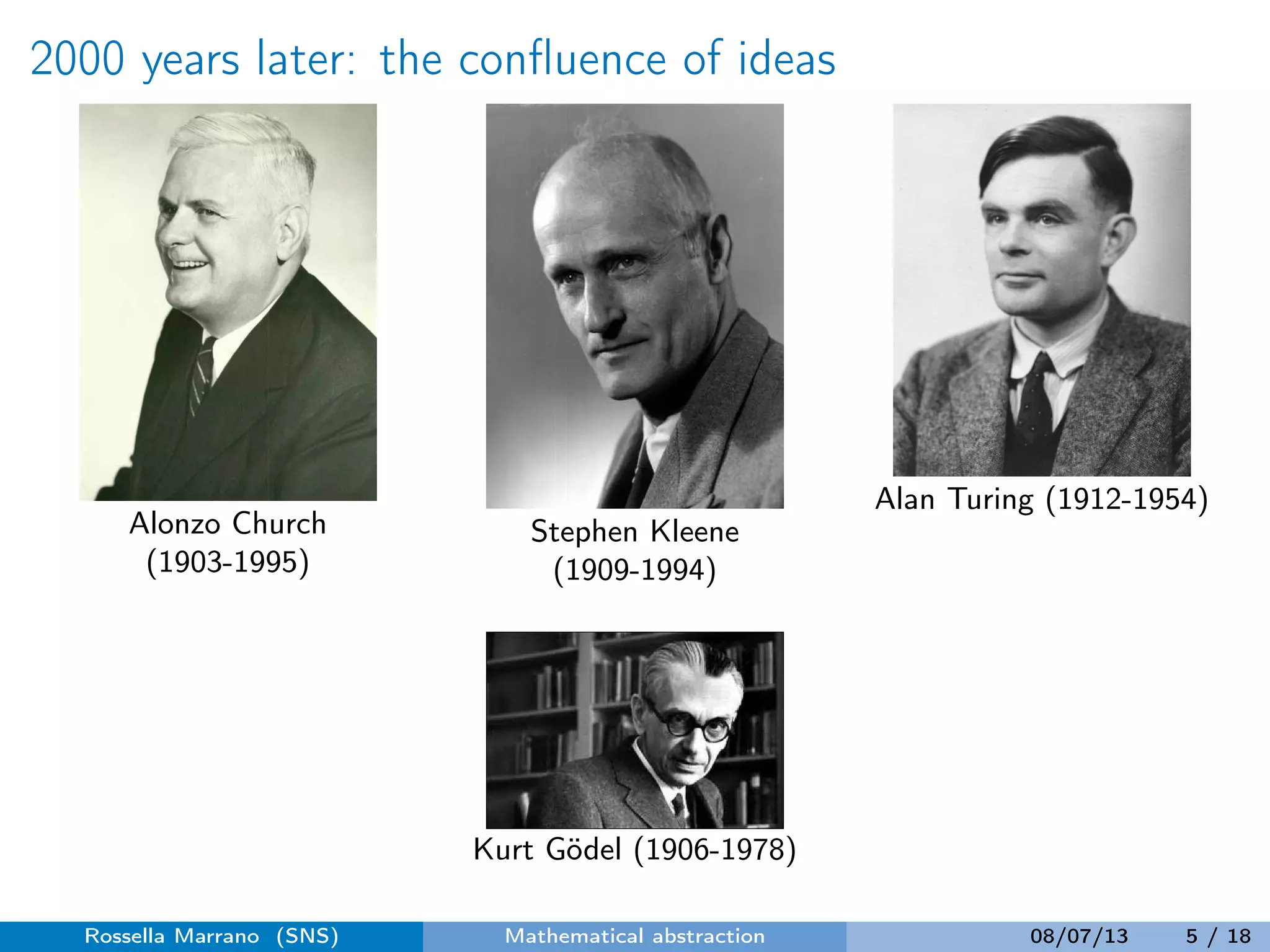 2000 years later: the conﬂuence of ideas
Alonzo Church
(1903-1995)
Stephen Kleene
(1909-1994)
Alan Turing (1912-1954)
Kurt Gödel (1906-1978)
Rossella Marrano (SNS) Mathematical abstraction 08/07/13 5 / 18
 