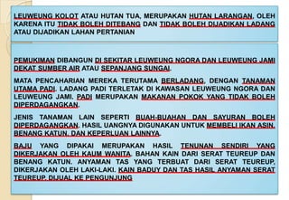 LEUWEUNG KOLOT ATAU HUTAN TUA, MERUPAKAN HUTAN LARANGAN, OLEH
KARENA ITU TIDAK BOLEH DITEBANG DAN TIDAK BOLEH DIJADIKAN LADANG
ATAU DIJADIKAN LAHAN PERTANIAN
PEMUKIMAN DIBANGUN DI SEKITAR LEUWEUNG NGORA DAN LEUWEUNG JAMI
DEKAT SUMBER AIR ATAU SEPANJANG SUNGAI.
MATA PENCAHARIAN MEREKA TERUTAMA BERLADANG, DENGAN TANAMAN
UTAMA PADI. LADANG PADI TERLETAK DI KAWASAN LEUWEUNG NGORA DAN
LEUWEUNG JAMI. PADI MERUPAKAN MAKANAN POKOK YANG TIDAK BOLEH
DIPERDAGANGKAN.
JENIS TANAMAN LAIN SEPERTI BUAH-BUAHAN DAN SAYURAN BOLEH
DIPERDAGANGKAN. HASIL UANGNYA DIGUNAKAN UNTUK MEMBELI IKAN ASIN,
BENANG KATUN, DAN KEPERLUAN LAINNYA.
BAJU YANG DIPAKAI MERUPAKAN HASIL TENUNAN SENDIRI YANG
DIKERJAKAN OLEH KAUM WANITA. BAHAN KAIN DARI SERAT TEUREUP DAN
BENANG KATUN. ANYAMAN TAS YANG TERBUAT DARI SERAT TEUREUP,
DIKERJAKAN OLEH LAKI-LAKI. KAIN BADUY DAN TAS HASIL ANYAMAN SERAT
TEUREUP, DIJUAL KE PENGUNJUNG
 