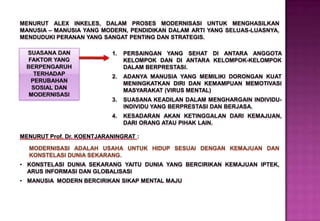 MENURUT ALEX INKELES, DALAM PROSES MODERNISASI UNTUK MENGHASILKAN
MANUSIA – MANUSIA YANG MODERN, PENDIDIKAN DALAM ARTI YANG SELUAS-LUASNYA,
MENDUDUKI PERANAN YANG SANGAT PENTING DAN STRATEGIS.
1. PERSAINGAN YANG SEHAT DI ANTARA ANGGOTA
KELOMPOK DAN DI ANTARA KELOMPOK-KELOMPOK
DALAM BERPRESTASI.
2. ADANYA MANUSIA YANG MEMILIKI DORONGAN KUAT
MENINGKATKAN DIRI DAN KEMAMPUAN MEMOTIVASI
MASYARAKAT (VIRUS MENTAL)
3. SUASANA KEADILAN DALAM MENGHARGAIN INDIVIDU-
INDIVIDU YANG BERPRESTASI DAN BERJASA.
4. KESADARAN AKAN KETINGGALAN DARI KEMAJUAN,
DARI ORANG ATAU PIHAK LAIN.
MENURUT Prof. Dr. KOENTJARANINGRAT :
MODERNISASI ADALAH USAHA UNTUK HIDUP SESUAI DENGAN KEMAJUAN DAN
KONSTELASI DUNIA SEKARANG.
• KONSTELASI DUNIA SEKARANG YAITU DUNIA YANG BERCIRIKAN KEMAJUAN IPTEK,
ARUS INFORMASI DAN GLOBALISASI
• MANUSIA MODERN BERCIRIKAN SIKAP MENTAL MAJU
 