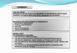 KEPRIBADIAN
J.MILTON YINGER
PERSONALITY IS THE TOTALLY OF BEHAVIOR OF AN INDIVIDUAL WITH A GIVEN
TENDENCY SYSTEM INTERACTING WITH A SEQUENCE OF SITUATION.
FACTORS IN THE DEVELOPMENT OF PERSONALITY.
1. BIOLOGICAL INHERITANCE
2. PHISICAL ENVIRONMENT
3. CULTURE
4. GROUP EXPERIENCE
5. UNIQUE EXPERIENCE
HORNELL HART
THE PERSONALITY INCLUDES
1. THE FOCUS OF CONSCIOUSNESS
2. THE PRE-CONSCIOUS AREA SENSORYMOTOR EXPERIENCES AND OF
UNPRESSED MEMORIES, IDEAS, WISHES, ATTITUDES, AND PURPOSE
3. THE UNCONSCIOUS, INCLUDING REPRESSED MEMORIES, IDEAS, WISHES, AND
ATTITUDES
4. THE PATTERN OF BEHAVIOR WHICH CAN BE OVERTLY OBSERVED AND
OPERATED UPON BY OTHERS.
 