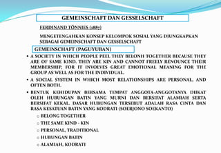 GEMEINSCHAFT DAN GESSELSCHAFT
FERDINAND TÖNNIES (1887)
MENGETENGAHKAN KONSEP KELOMPOK SOSIAL YANG DIUNGKAPKAN
SEBAGAI GEMEINSCHAFT DAN GESSELSCHAFT
 A SOCIETY IN WHICH PEOPLE PEEL THEY BELONH TOGETHER BECAUSE THEY
ARE OF SAME KIND. THEY ARE KIN AND CANNOT FREELY RENOUNCE THEIR
MEMBERSHIP, FOR IT INVOLVES GREAT EMOTIONAL MEANING FOR THE
GROUP AS WELL AS FOR THE INDIVIDUAL.
 A SOCIAL SYSTEM IN WHICH MOST RELATIONSHIPS ARE PERSONAL, AND
OFTEN BOTH.
 BENTUK KEHIDUPAN BERSAMA TEMPAT ANGGOTA-ANGGOTANYA DIIKAT
OLEH HUBUNGAN BATIN YANG MURNI DAN BERSIFAT ALAMIAH SERTA
BERSIFAT KEKAL. DASAR HUBUNGAN TERSEBUT ADALAH RASA CINTA DAN
RASA KESATUAN BATIN YANG KODRATI (SOERJONO SOEKANTO)
o BELONG TOGETHER
o THE SAME KIND - KIN
o PERSONAL, TRADITIONAL
o HUBUNGAN BATIN
o ALAMIAH, KODRATI
GEMEINSCHAFT (PAGUYUBAN)
 