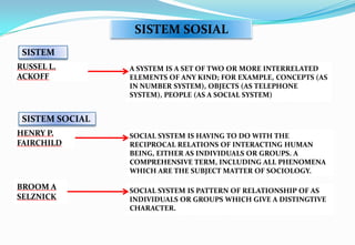 SISTEM SOSIAL
SISTEM
RUSSEL L.
ACKOFF
A SYSTEM IS A SET OF TWO OR MORE INTERRELATED
ELEMENTS OF ANY KIND; FOR EXAMPLE, CONCEPTS (AS
IN NUMBER SYSTEM), OBJECTS (AS TELEPHONE
SYSTEM), PEOPLE (AS A SOCIAL SYSTEM)
HENRY P.
FAIRCHILD
SOCIAL SYSTEM IS HAVING TO DO WITH THE
RECIPROCAL RELATIONS OF INTERACTING HUMAN
BEING, EITHER AS INDIVIDUALS OR GROUPS. A
COMPREHENSIVE TERM, INCLUDING ALL PHENOMENA
WHICH ARE THE SUBJECT MATTER OF SOCIOLOGY.
SISTEM SOCIAL
BROOM A
SELZNICK
SOCIAL SYSTEM IS PATTERN OF RELATIONSHIP OF AS
INDIVIDUALS OR GROUPS WHICH GIVE A DISTINGTIVE
CHARACTER.
 