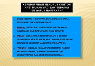 1. SHIDIQ (BENAR)  BERUPAYA BENAR DALAM UCAPAN,
PERBUATAN, TINDAKAN DAN SIKAP.
2. AMANAH (DIPERCAYA)  MENDAPAT KEPERCAYAAN
(LEGITIMASI) DARI MASYARAKAT YANG DIPIMPIN.
3. TABLIGH (SENANTIASA MENYAMPAIKAN)  SECARA
TRANSPARAN MENJELASKAN APA YANG DIPROGRAMKAN,
SEKALIGUS MENERIMA MASUKAN DARI SIAPAPUN.
4. FATHONAH (MEMILIKI KEMAMPUAN MEMIMPIN KARENA
KECENDIKIAANNYA)  MAMPU MENGADAPTASI,
MENGANTISIPASI DAN MEMECAHKAN MASALAH.
 