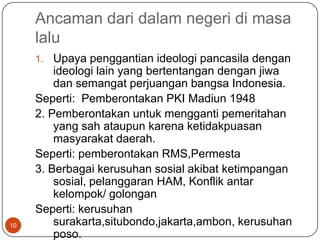 Ancaman dari dalam negeri di masa
     lalu
     1.  Upaya penggantian ideologi pancasila dengan
         ideologi lain yang bertentangan dengan jiwa
         dan semangat perjuangan bangsa Indonesia.
     Seperti: Pemberontakan PKI Madiun 1948
     2. Pemberontakan untuk mengganti pemeritahan
         yang sah ataupun karena ketidakpuasan
         masyarakat daerah.
     Seperti: pemberontakan RMS,Permesta
     3. Berbagai kerusuhan sosial akibat ketimpangan
         sosial, pelanggaran HAM, Konflik antar
         kelompok/ golongan
     Seperti: kerusuhan
10       surakarta,situbondo,jakarta,ambon, kerusuhan
         poso.
 