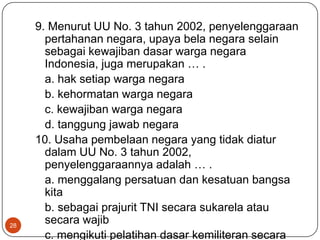 9. Menurut UU No. 3 tahun 2002, penyelenggaraan
       pertahanan negara, upaya bela negara selain
       sebagai kewajiban dasar warga negara
       Indonesia, juga merupakan … .
       a. hak setiap warga negara
       b. kehormatan warga negara
       c. kewajiban warga negara
       d. tanggung jawab negara
     10. Usaha pembelaan negara yang tidak diatur
       dalam UU No. 3 tahun 2002,
       penyelenggaraannya adalah … .
       a. menggalang persatuan dan kesatuan bangsa
       kita
       b. sebagai prajurit TNI secara sukarela atau
28
       secara wajib
       c. mengikuti pelatihan dasar kemiliteran secara
 