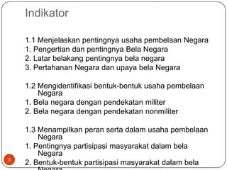 Indikator

    1.1 Menjelaskan pentingnya usaha pembelaan Negara
    1. Pengertian dan pentingnya Bela Negara
    2. Latar belakang pentingnya bela negara
    3. Pertahanan Negara dan upaya bela Negara

    1.2 Mengidentifikasi bentuk-bentuk usaha pembelaan
        Negara
    1. Bela negara dengan pendekatan militer
    2. Bela negara dengan pendekatan nonmiliter

    1.3 Menampilkan peran serta dalam usaha pembelaan
        Negara
    1. Pentingnya partisipasi masyarakat dalam bela
        Negara
3
    2. Bentuk-bentuk partisipasi masyarakat dalam bela
 