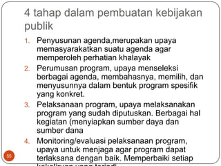 4 tahap dalam pembuatan kebijakan
     publik
     1. Penyusunan agenda,merupakan upaya
        memasyarakatkan suatu agenda agar
        memperoleh perhatian khalayak
     2. Perumusan program, upaya menseleksi
        berbagai agenda, membahasnya, memilih, dan
        menyusunnya dalam bentuk program spesifik
        yang konkret.
     3. Pelaksanaan program, upaya melaksanakan
        program yang sudah diputuskan. Berbagai hal
        kegiatan (menyiapkan sumber daya dan
        sumber dana
     4. Monitoring/evaluasi pelaksanaan program,
        upaya untuk menjaga agar program dapat
55
        terlaksana dengan baik. Memperbaiki setiap
 