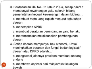 3. Berdasarkan UU No. 32 Tahun 2004, setiap daerah
       mempunyai kewenangan yaitu seluruh bidang
       pemerintahan kecuali kewenangan dalam bidang…
       a. membuat mata uang rupiah menurut kebutuhan
       daerah
       b. menetapkan APBD
       c. membuat peraturan perundangan yang berlaku
       d. merencanakan melaksanakan pembangunan
       daerah
     4. Setiap daerah mempunyai hak otonomi,. Untuk
       meningkatkan peranan dan fungsi badan legislatif
       daerah atau DPRD adalah…
       a. mengawasi jalannya presiden membuat undang-
       undang
70     b. membawa aspirasi dari masyarakat kalangan
       bawah
 
