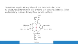 Siroheme is a cyclic tetrapyrrole with one Fe-atom in the center.
Its structure is different from that of heme as it contains additional acetyl
and propionyl residues deriving from pyrrole synthesis
 