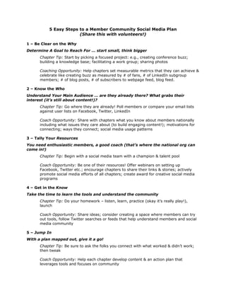 5 Easy Steps to a Member Community Social Media Plan
                        (Share this with volunteers!)

1 – Be Clear on the Why
Determine A Goal to Reach For … start small, think bigger
      Chapter Tip: Start by picking a focused project: e.g., creating conference buzz;
      building a knowledge base; facilitating a work group; sharing photos

      Coaching Opportunity: Help chapters set measurable metrics that they can achieve &
      celebrate like creating buzz as measured by # of fans, # of LinkedIn subgroup
      members; # of blog posts, # of subscribers to webpage feed, blog feed.

2 – Know the Who
Understand Your Main Audience … are they already there? What grabs their
interest (it’s still about content!)?
      Chapter Tip: Go where they are already! Poll members or compare your email lists
      against user lists on Facebook, Twitter, LinkedIn

      Coach Opportunity: Share with chapters what you know about members nationally
      including what issues they care about (to build engaging content!); motivations for
      connecting; ways they connect; social media usage patterns

3 – Tally Your Resources
You need enthusiastic members, a good coach (that’s where the national org can
come in!)
      Chapter Tip: Begin with a social media team with a champion & talent pool

      Coach Opportunity: Be one of their resources! Offer webinars on setting up
      Facebook, Twitter etc.; encourage chapters to share their links & stories; actively
      promote social media efforts of all chapters; create award for creative social media
      programs

4 – Get in the Know
Take the time to learn the tools and understand the community
      Chapter Tip: Do your homework – listen, learn, practice (okay it’s really play!),
      launch

      Coach Opportunity: Share ideas; consider creating a space where members can try
      out tools, follow Twitter searches or feeds that help understand members and social
      media community

5 – Jump In
With a plan mapped out, give it a go!
      Chapter Tip: Be sure to ask the folks you connect with what worked & didn’t work;
      then tweak

      Coach Opportunity: Help each chapter develop content & an action plan that
      leverages tools and focuses on community
 