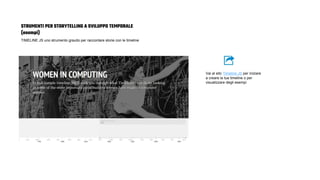 STRUMENTI PER STORYTELLING A SVILUPPO TEMPORALE
(esempi)
Vai al sito Timeline JS per iniziare
a creare la tua timeline o per
visualizzare degli esempi
TIMELINE JS uno strumento grauito per raccontare storie con le timeline
 