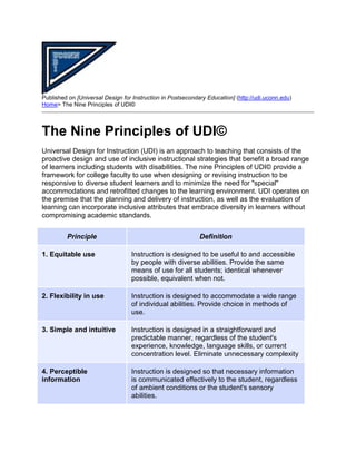 Link the principles of Universal Design to practices in design and delivery of courses, workshops, instructional resources, or tools.