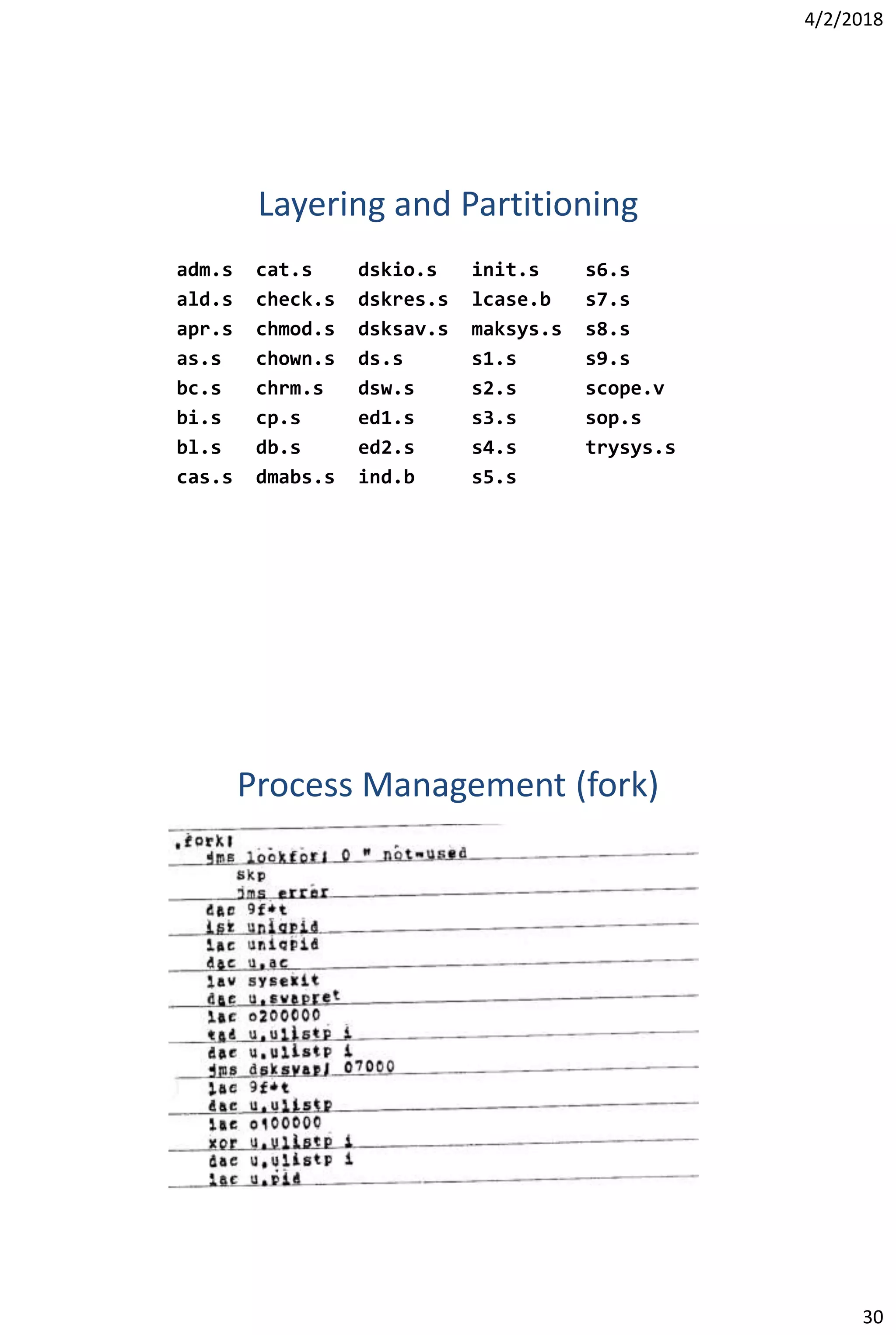 4/2/2018
30
Layering and Partitioning
adm.s cat.s dskio.s init.s s6.s
ald.s check.s dskres.s lcase.b s7.s
apr.s chmod.s dsksav.s maksys.s s8.s
as.s chown.s ds.s s1.s s9.s
bc.s chrm.s dsw.s s2.s scope.v
bi.s cp.s ed1.s s3.s sop.s
bl.s db.s ed2.s s4.s trysys.s
cas.s dmabs.s ind.b s5.s
Process Management (fork)
 