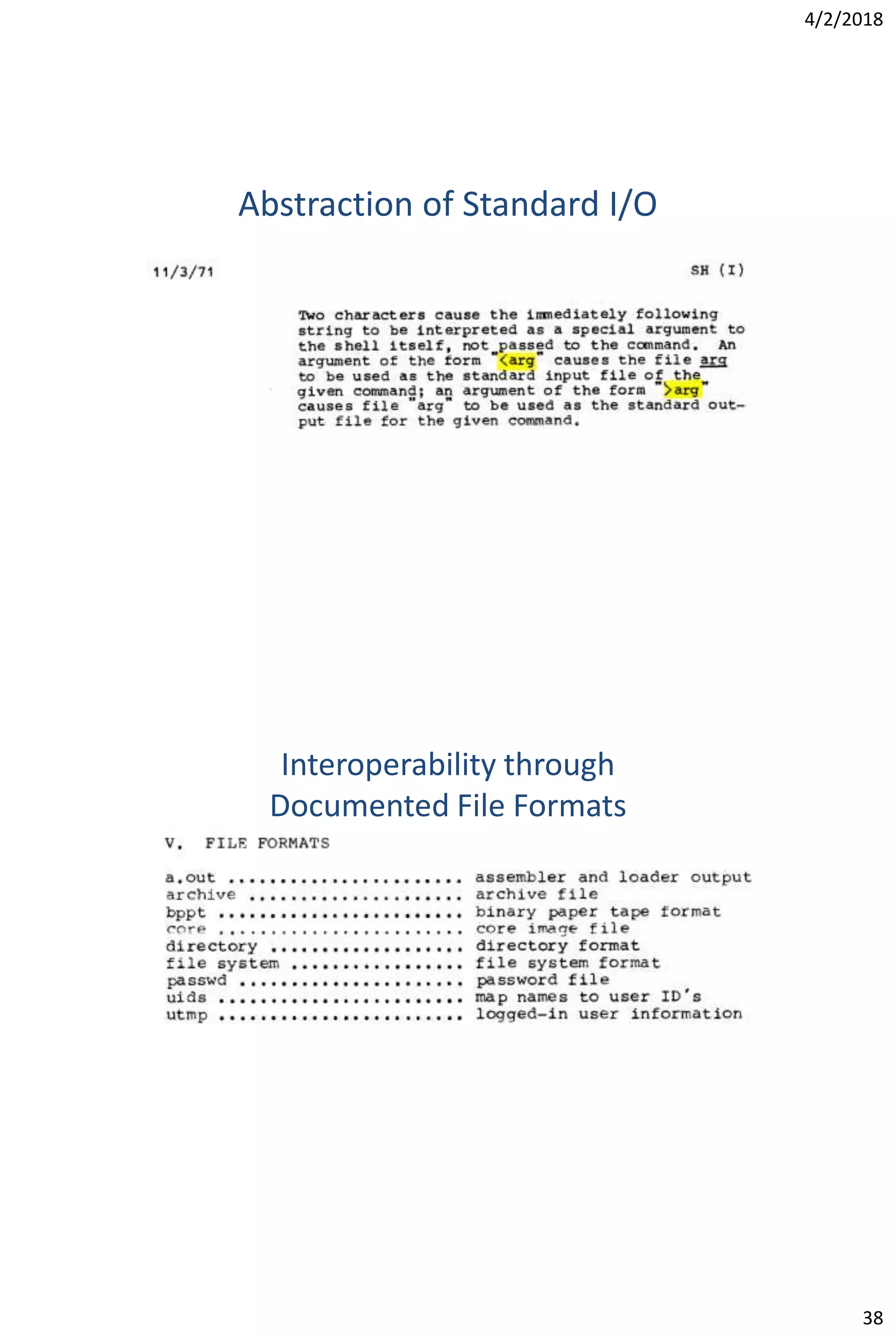 4/2/2018
38
Abstraction of Standard I/O
Interoperability through
Documented File Formats
 