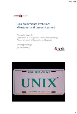 4/2/2018
1
Unix Architecture Evolution:
Milestones and Lessons Learned
Diomidis Spinellis
Department of Management Science and Technology
Athens University of Economics and Business
www.spinellis.gr
@CoolSWEng
 