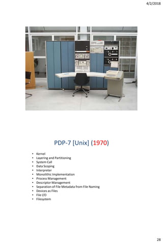 4/2/2018
28
PDP-7 [Unix] (1970)
• Kernel
• Layering and Partitioning
• System Call
• Data Scoping
• Interpreter
• Monolithic Implementation
• Process Management
• Descriptor Management
• Separation of File Metadata from File Naming
• Devices as Files
• File I/O
• Filesystem
 