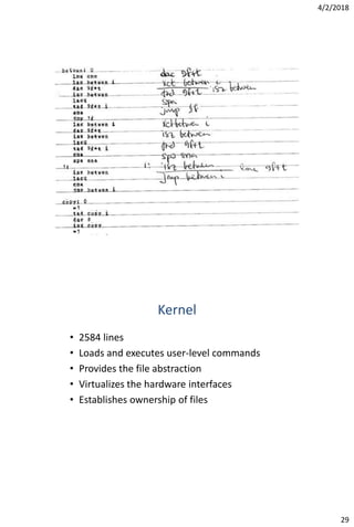 4/2/2018
29
Kernel
• 2584 lines
• Loads and executes user-level commands
• Provides the file abstraction
• Virtualizes the hardware interfaces
• Establishes ownership of files
 