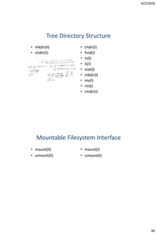 4/2/2018
40
Tree Directory Structure
• mkdir(II)
• chdir(II)
• chdir(I)
• find(I)
• ln(I)
• ls(I)
• stat(I)
• mkdir(I)
• mv(I)
• rm(I)
• rmdir(I)
Mountable Filesystem Interface
• mount(II)
• umount(II)
• mount(I)
• umount(I)
 