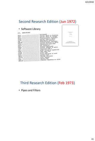 4/2/2018
41
Second Research Edition (Jun 1972)
• Software Library
Third Research Edition (Feb 1973)
• Pipes and Filters
 