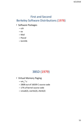 4/2/2018
53
First and Second
Berkeley Software Distributions (1978)
• Software Packages
– csh
– ex
– Mail
– Pascal
– termlib
3BSD (1979)
• Virtual Memory Paging
– vm_*.c
– 2808 out of 16039 C source code
– 17% of kernel source code
– vread(2), vwrite(2), vfork(2)
 