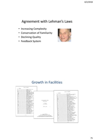 4/2/2018
75
Agreement with Lehman’s Laws
• Increasing Complexity
• Conservation of Familiarity
• Declining Quality
• Feedback System
Growth in Facilities
 