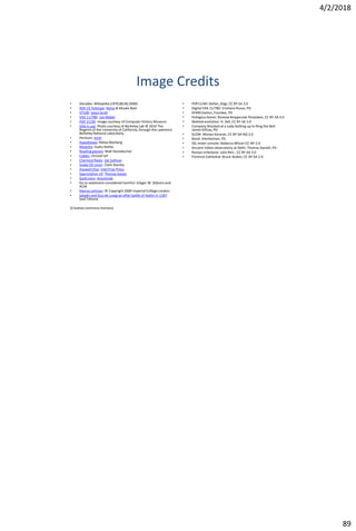 4/2/2018
89
Image Credits
• Decades: Wikipedia (1970,80,90,2000)
• ASR-33 Teletype: Rama & Musée Bolo
• VT100: Jason Scott
• VAX 11/780: Joe Mabel
• PDP 11/20: Image courtesy of Computer History Museum
• VAX in use: Photo courtesy of Berkeley Lab © 2010 The
Regents of the University of California, through the Lawrence
Berkeley National Laboratory.
• Pentium: Iorsh
• Hypotheses: Niklas Morberg
• Modules: Suatu Ketika
• Reading glasses: Walt Stoneburner
• Cables: christof tof
• Chemical flasks: Joe Sullivan
• Snake Oil cover: Clark Stanley
• Haswell Chip: Intel Free Press
• Sparcstation 10: Thomas Kaiser
• Gold coins: Anonimski
• Go to statement considered harmful: Edsger W. Dijkstra and
ACM
• Manny Lehman: © Copyright 2009 Imperial College London
• Saladin and Guy de Lusignan after battle of Hattin in 1187:
Said Tahsine
(Creative commons licenses)
• PDP11/40: Stefan_Kögl, CC BY-SA 3.0
• Digital VAX 11/780: Emiliano Russo, PD
• SPARCstation,Fourdee, PD
• Hologous bones: Волков Владислав Петрович, CC BY-SA 4.0
• Skeletal evolution: H. Zell, CC BY-SA 3.0
• Company Shocked at a Lady Getting up to Ring the Bell:
James Gillray, PD
• SLOW: Monyo Kararan, CC BY-SA-ND 2.0
• Bond: JHerbstman, PD
• SSL mixer console: Rebecca Wilson CC-BY-2.0
• Ancient Indian observatory at Delhi: Thomas Daniell, PD
• Roman milestone: Júlio Reis , CC BY-SA 3.0
• Florence Cathedral: Bruce Stokes, CC BY-SA 2.0
 