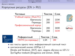 Специфика переводов и оценка Синтаксис переводов Другие результаты References
Данные и признаки
Корпусные ресурсы (EN > RU)
Тестовые Текстов Слов
Учебный корпус (RusLTC)
Оригиналы 200 223K
Переводы 200 205K
Профессиональный корпус
Оригиналы 200 343K
Переводы 200 321K
Референтный Текстов Слов
НКРЯ (не-переводы) 1,5K 3M
все тексты одного типа: информативный газетный текст
синтаксический анализ UDPipe 1.2
[Straka and Strakov´a, 2017], русс. модель обучена на UD 2.1
SynTagRus treebank [Droganova and Zeman, 2016].
16 / 41
 