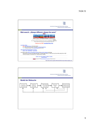 15.04.13
5
Web search: „Always different, always the same“
http://web.archive.org/web/19961023234631/http://altavista.digital.com/
Modell der Websuche
 