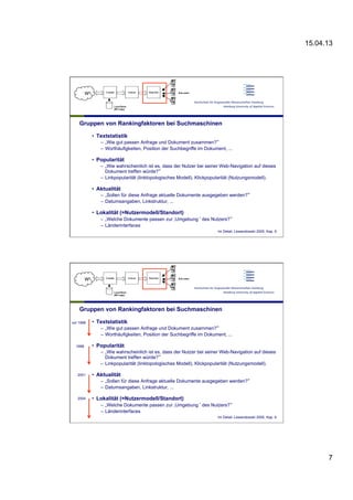15.04.13
7
Gruppen von Rankingfaktoren bei Suchmaschinen
•  Textstatistik
–  „Wie gut passen Anfrage und Dokument zusammen?“
–  Worthäufigkeiten, Position der Suchbegriffe im Dokument, ...
•  Popularität
–  „Wie wahrscheinlich ist es, dass der Nutzer bei seiner Web-Navigation auf dieses
Dokument treffen würde?“
–  Linkpopularität (linktopologisches Modell), Klickpopularität (Nutzungsmodell).
•  Aktualität
–  „Sollen für diese Anfrage aktuelle Dokumente ausgegeben werden?“
–  Datumsangaben, Linkstruktur, ...
•  Lokalität (=Nutzermodell/Standort)
–  „Welche Dokumente passen zur ‚Umgebung‘ des Nutzers?“
–  Länderinterfaces
Im Detail: Lewandowski 2005, Kap. 6
Gruppen von Rankingfaktoren bei Suchmaschinen
•  Textstatistik
–  „Wie gut passen Anfrage und Dokument zusammen?“
–  Worthäufigkeiten, Position der Suchbegriffe im Dokument, ...
•  Popularität
–  „Wie wahrscheinlich ist es, dass der Nutzer bei seiner Web-Navigation auf dieses
Dokument treffen würde?“
–  Linkpopularität (linktopologisches Modell), Klickpopularität (Nutzungsmodell).
•  Aktualität
–  „Sollen für diese Anfrage aktuelle Dokumente ausgegeben werden?“
–  Datumsangaben, Linkstruktur, ...
•  Lokalität (=Nutzermodell/Standort)
–  „Welche Dokumente passen zur ‚Umgebung‘ des Nutzers?“
–  Länderinterfaces
vor 1998
1998
2001
2004
Im Detail: Lewandowski 2005, Kap. 6
 