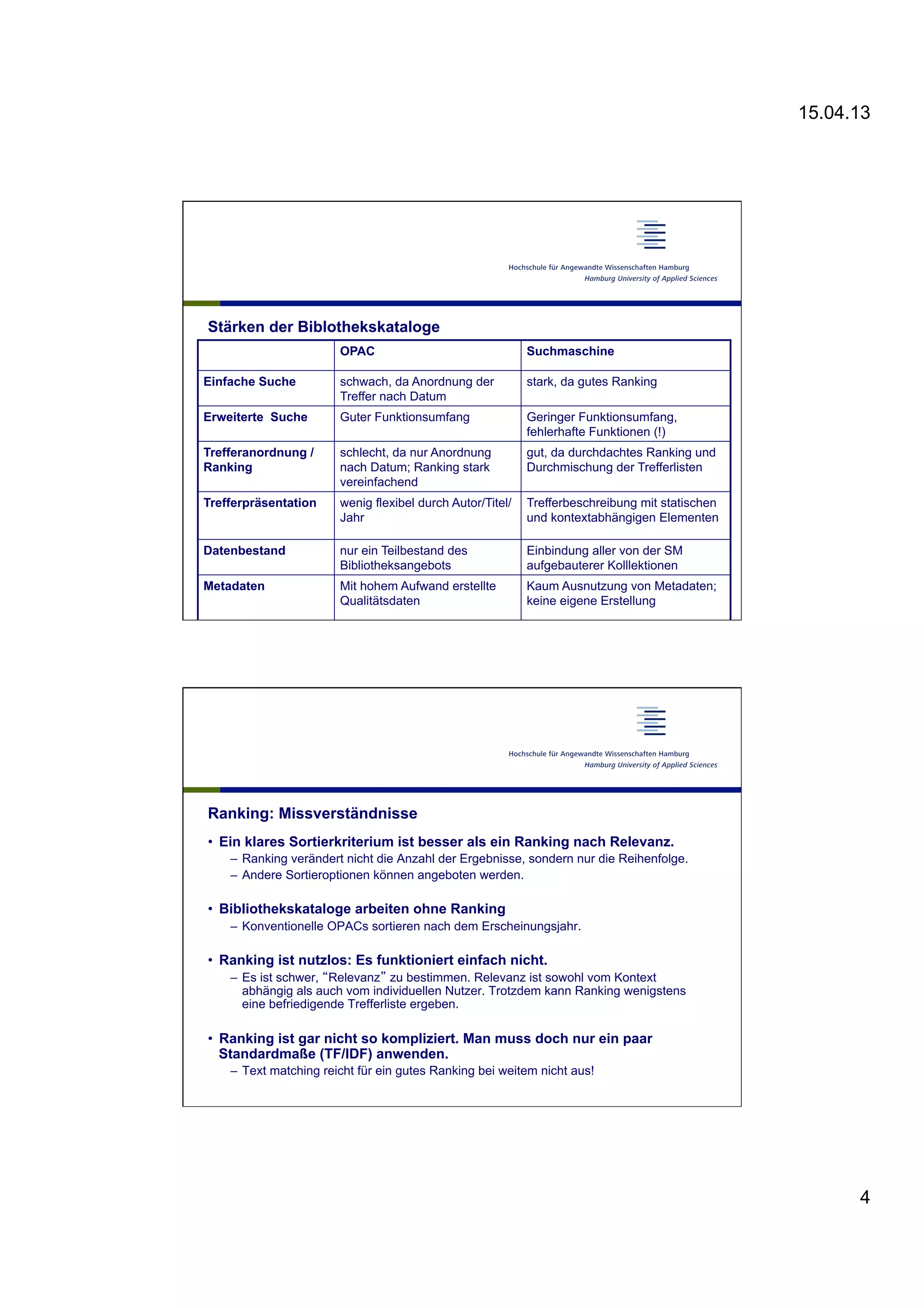 15.04.13
4
Stärken der Biblothekskataloge
OPAC Suchmaschine
Einfache Suche schwach, da Anordnung der
Treffer nach Datum
stark, da gutes Ranking
Erweiterte Suche Guter Funktionsumfang Geringer Funktionsumfang,
fehlerhafte Funktionen (!)
Trefferanordnung /
Ranking
schlecht, da nur Anordnung
nach Datum; Ranking stark
vereinfachend
gut, da durchdachtes Ranking und
Durchmischung der Trefferlisten
Trefferpräsentation wenig flexibel durch Autor/Titel/
Jahr
Trefferbeschreibung mit statischen
und kontextabhängigen Elementen
Datenbestand nur ein Teilbestand des
Bibliotheksangebots
Einbindung aller von der SM
aufgebauterer Kolllektionen
Metadaten Mit hohem Aufwand erstellte
Qualitätsdaten
Kaum Ausnutzung von Metadaten;
keine eigene Erstellung
Ranking: Missverständnisse
•  Ein klares Sortierkriterium ist besser als ein Ranking nach Relevanz.
–  Ranking verändert nicht die Anzahl der Ergebnisse, sondern nur die Reihenfolge.
–  Andere Sortieroptionen können angeboten werden.
•  Bibliothekskataloge arbeiten ohne Ranking
–  Konventionelle OPACs sortieren nach dem Erscheinungsjahr.
•  Ranking ist nutzlos: Es funktioniert einfach nicht.
–  Es ist schwer, “Relevanz” zu bestimmen. Relevanz ist sowohl vom Kontext
abhängig als auch vom individuellen Nutzer. Trotzdem kann Ranking wenigstens
eine befriedigende Trefferliste ergeben.
•  Ranking ist gar nicht so kompliziert. Man muss doch nur ein paar
Standardmaße (TF/IDF) anwenden.
–  Text matching reicht für ein gutes Ranking bei weitem nicht aus!
 