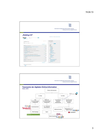 15.04.13
3
„Katalog 2.0“
Taxonomie der digitalen Online-Information
Stock, 2003
 