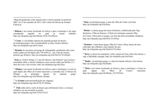 i
Material produzido como suporte para o roteiro postado no portal do
MEC em 23 de setembro de 2013, sob o título de Oficina de Estudos
Clássicos.
ii
Hélicon é um monte localizado na Grécia e para a mitologia é um lugar
considerado sagrado no qual as musas habitam.
http://pt.wikipedia.org/wiki/Monte_H%C3%A9licon
iii
Crono é a divindade suprema da segunda geração de deuses
da mitologia grega e titã, correspondente ao deus romano Saturno.
http://pt.wikipedia.org/wiki/Cronos
iv
Hesíodo foi um poeta oral grego da Antiguidade, geralmente tido como
tendo estado em atividade entre 750 e650 a.C., por volta do mesmo
período que Homero. http://pt.wikipedia.org/wiki/Hes%C3%ADodo
v
Zeus na Grécia Antiga, é o "pai dos deuses e dos homens" que exercia a
autoridade sobre os deuses olímpicos como um pai sobre sua família. É o
deus dos céus e dos trovões. http://pt.wikipedia.org/wiki/Zeus
vi
Olimpo é um monte localizado na Grécia e para a mitologia é o local no
qual alguns dos filhos de Cronos nasceram e a moradas dos 12 Deuses do
Olimpo, os principais deuses do panteão grego.
http://pt.wikipedia.org/wiki/Monte_Olimpo
vii
As Erínias eram personificações da vingança.
http://pt.wikipedia.org/wiki/Er%C3%ADnias
viii
Titãs estão entre a série de deuses que enfrentaram Zeus e os deuses
olímpicos na sua ascensão ao poder.
http://pt.wikipedia.org/wiki/Tit%C3%A3
ix
Reia, na mitologia grega, é uma titã, filha de Urano e de Gaia.
http://pt.wikipedia.org/wiki/Reia
x
Héstia é a deusa grega dos laços familiares, simbolizada pelo fogo
doméstico. Filha de Saturno e Cibele (na mitologia romana), filha
de Cronos e Reia para os gregos, era uma das doze divindades olímpicas.
http://pt.wikipedia.org/wiki/H%C3%A9stia
xi
Deméter é uma deusa grega, filha de Cronos e Reia, deusa da terra
cultivada, das colheitas e das estações do ano.
http://pt.wikipedia.org/wiki/Dem%C3%A9ter
xii
Hera é a deusa do casamento, irmã e esposa de Zeus, Deus dos deuses, e
rege a fidelidade conjugal. http://pt.wikipedia.org/wiki/Hera
xiii
Hades , na mitologia grega, é o deus do mundo inferior e dos mortos.
http://pt.wikipedia.org/wiki/Hades
xiv
Ótris é um monte localizado na Grécia e para a mitologia é o local no
qual alguns dos filhos de Cronos nasceram.
http://pt.wikipedia.org/wiki/Monte_%C3%93tris
 