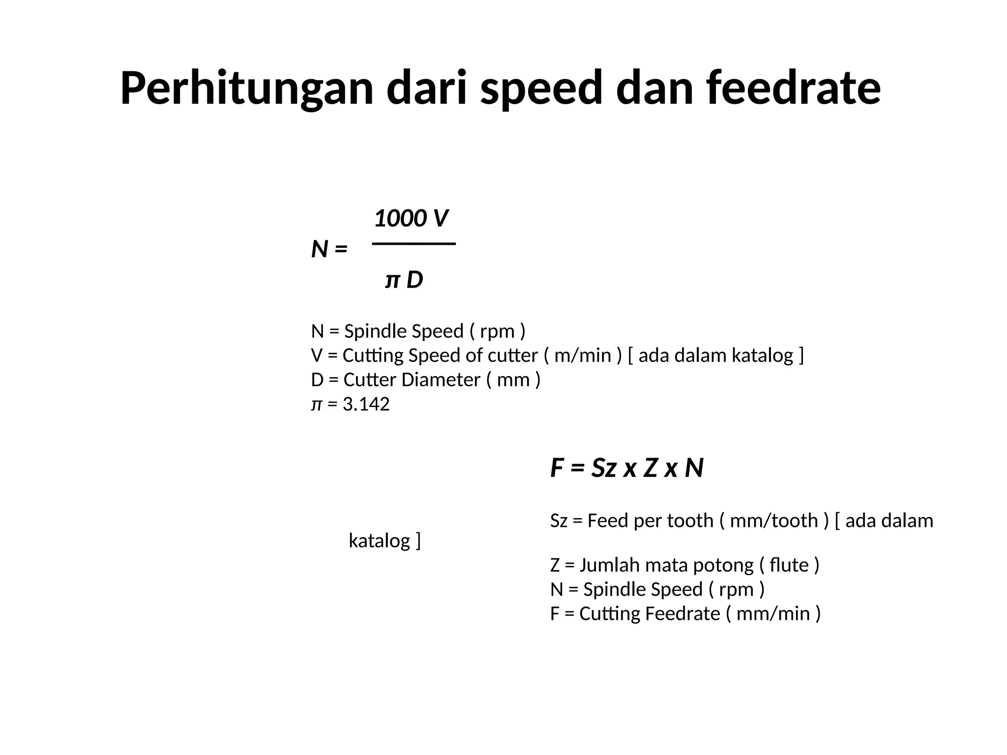 Perhitungan dari speed dan feedrate
1000 V
N =
π D
N = Spindle Speed ( rpm )
V = Cutting Speed of cutter ( m/min ) [ ada dalam katalog ]
D = Cutter Diameter ( mm )
π = 3.142
F = Sz x Z x N
Sz = Feed per tooth ( mm/tooth ) [ ada dalam
katalog ]
Z = Jumlah mata potong ( flute )
N = Spindle Speed ( rpm )
F = Cutting Feedrate ( mm/min )
 