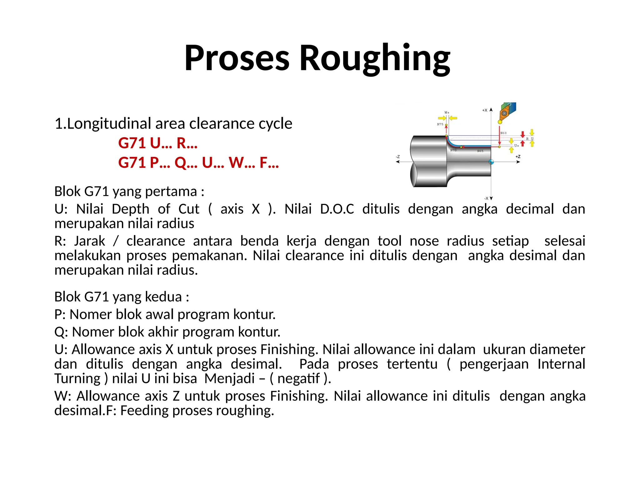 Proses Roughing
1.Longitudinal area clearance cycle
G71 U… R…
G71 P… Q… U… W… F…
Blok G71 yang pertama :
U: Nilai Depth of Cut ( axis X ). Nilai D.O.C ditulis dengan angka decimal dan
merupakan nilai radius
R: Jarak / clearance antara benda kerja dengan tool nose radius setiap selesai
melakukan proses pemakanan. Nilai clearance ini ditulis dengan angka desimal dan
merupakan nilai radius.
Blok G71 yang kedua :
P: Nomer blok awal program kontur.
Q: Nomer blok akhir program kontur.
U: Allowance axis X untuk proses Finishing. Nilai allowance ini dalam ukuran diameter
dan ditulis dengan angka desimal. Pada proses tertentu ( pengerjaan Internal
Turning ) nilai U ini bisa Menjadi – ( negatif ).
W: Allowance axis Z untuk proses Finishing. Nilai allowance ini ditulis dengan angka
desimal.F: Feeding proses roughing.
 
