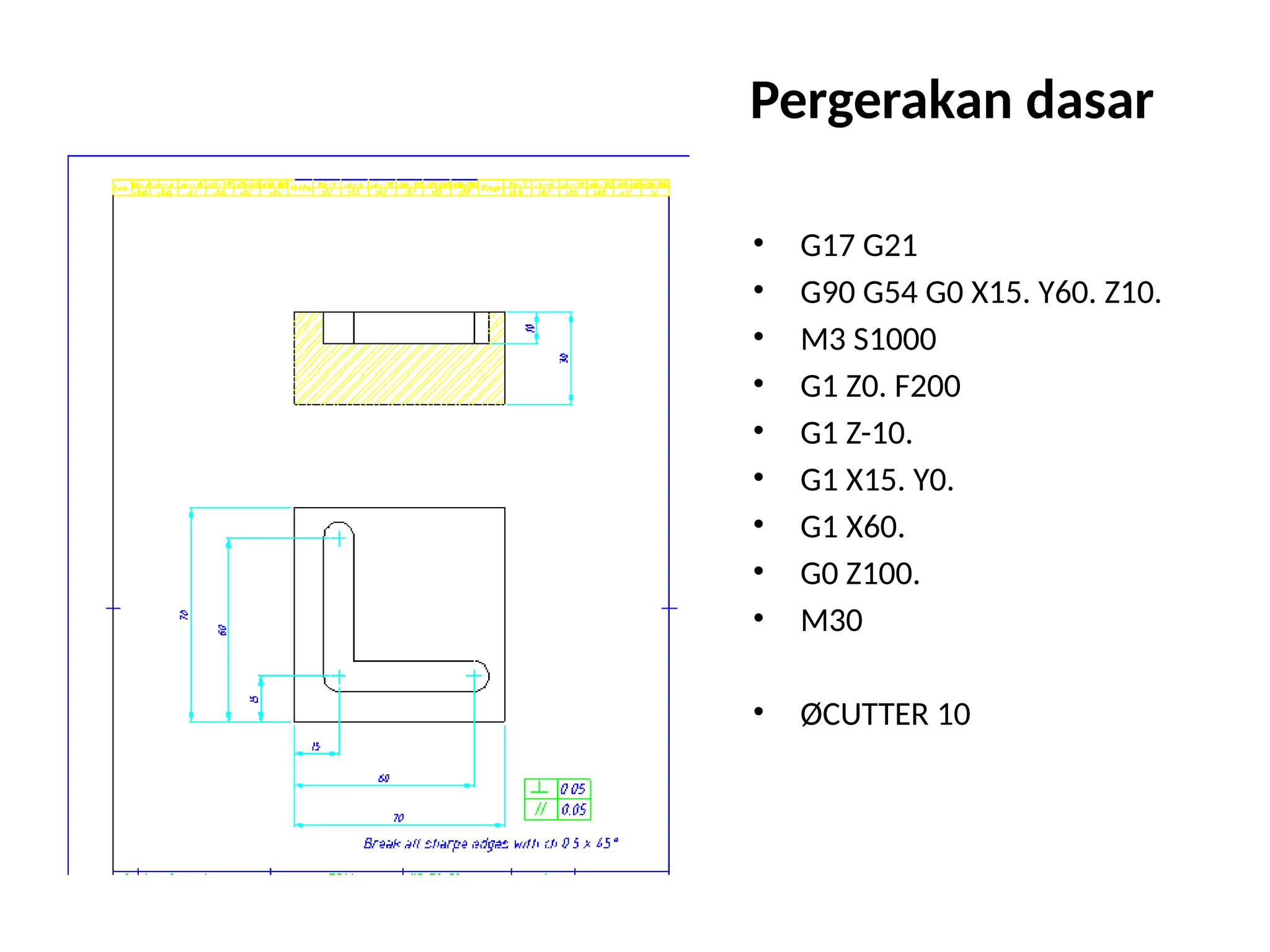 Pergerakan dasar
• G17 G21
• G90 G54 G0 X15. Y60. Z10.
• M3 S1000
• G1 Z0. F200
• G1 Z-10.
• G1 X15. Y0.
• G1 X60.
• G0 Z100.
• M30
• ØCUTTER 10
 