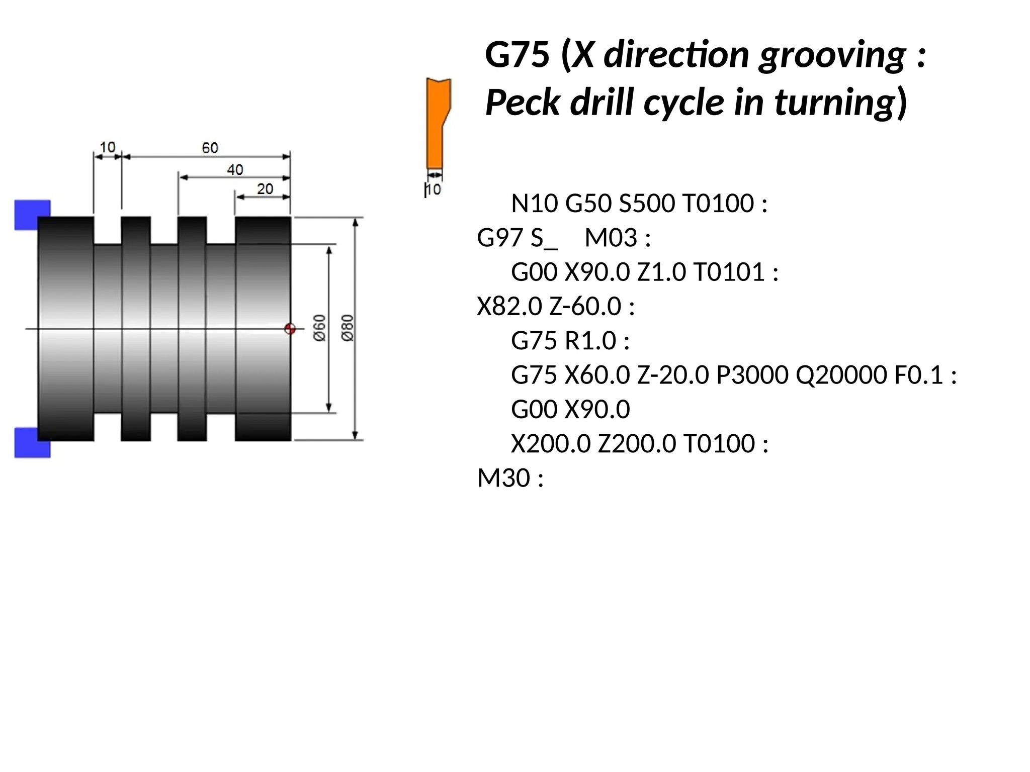 N10 G50 S500 T0100 :
G97 S_ M03 :
G00 X90.0 Z1.0 T0101 :
X82.0 Z-60.0 :
G75 R1.0 :
G75 X60.0 Z-20.0 P3000 Q20000 F0.1 :
G00 X90.0
X200.0 Z200.0 T0100 :
M30 :
G75 (X direction grooving :
Peck drill cycle in turning)
 