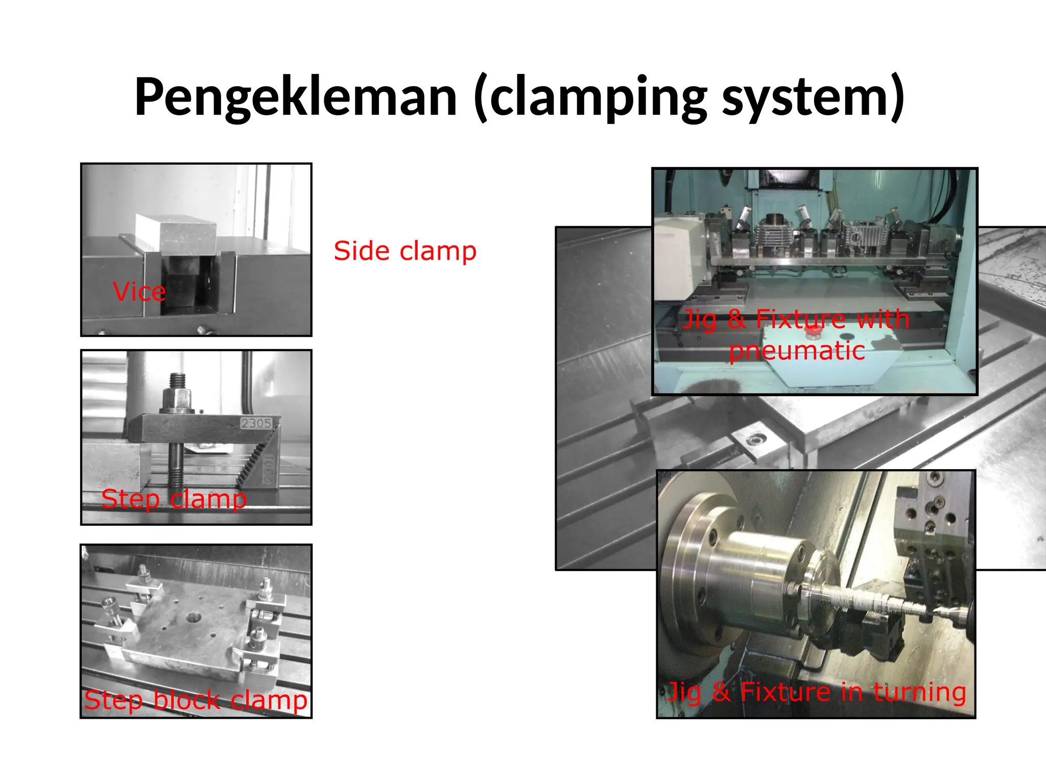 Pengekleman (clamping system)
Vice
Step clamp
Side clamp
Jig & Fixture with
pneumatic
Step block clamp Jig & Fixture in turning
 