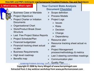 How BA’s and PM’s Anticipate and Turnaround Troubled Projects: Tips and Techniques
1. What’s wrong . What’s right?         Your Current State Analysis
                                           Document Checklist
          Business Case or Mandate           Scope definition
            Project Objective/s              Process Models
            Project Charter or Initiation    Project Logs
             Documents                           Issues
            Organisational Chart                Risks
            Work/Product Break Down             Decision
             Structure                           Change
            Last Few Project Status Reports     Dependency
            Project Schedule/Plan            Resource plan
            Financial budget/plan            Resource tracking sheet actual vs
            Financial tracking sheet actual   plan
             vs plan                          Project Management
            Business Requirements             process/methodology & metrics
            High level roadmap               Last 3 steering committee meetings
            Benefits map                     Communication plan
                                              Quality Plan
                Copyright © 2008 by Harry Mingail of www.harrymingail.com
          Extracted from 2 day webinar workshop from www.performancewwi.com
 
