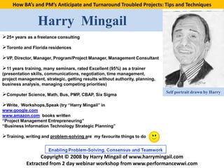 How BA’s and PM’s Anticipate and Turnaround Troubled Projects: Tips and Techniques


                 Harry Mingail
25+ years as a freelance consulting
Toronto and Florida residences
VP, Director, Manager, Program/Project Manager, Management Consultant
11 years training, many seminars, rated Excellent (95%) as a trainer
(presentation skills, communications, negotiation, time management,
project management, strategic, getting results without authority, planning,
business analysis, managing competing priorities)
                                                                              Self portrait drawn by Harry
Computer Science, Math, Bus, PMP, CBAP, Six Sigma
Write,  Workshops,Speak (try “Harry Mingail” in
www.google.com
www.amazon.com books written
“Project Management Entrepreneuring”
“Business Information Technology Strategic Planning”

Training, writing and problem-solving are   my favourite things to do



                 Copyright © 2008 by Harry Mingail of www.harrymingail.com
           Extracted from 2 day webinar workshop from www.performancewwi.com
 
