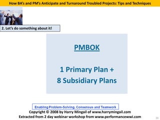 How BA’s and PM’s Anticipate and Turnaround Troubled Projects: Tips and Techniques




2. Let’s do something about it!




                                         PMBOK

                                   1 Primary Plan +
                                  8 Subsidiary Plans


                Copyright © 2008 by Harry Mingail of www.harrymingail.com
          Extracted from 2 day webinar workshop from www.performancewwi.com              20
 