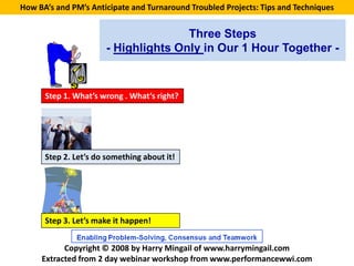 How BA’s and PM’s Anticipate and Turnaround Troubled Projects: Tips and Techniques


                                     Three Steps
                      - Highlights Only in Our 1 Hour Together -


      Step 1. What’s wrong . What’s right?




      Step 2. Let’s do something about it!




      Step 3. Let’s make it happen!


           Copyright © 2008 by Harry Mingail of www.harrymingail.com
     Extracted from 2 day webinar workshop from www.performancewwi.com
 