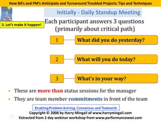 How BA’s and PM’s Anticipate and Turnaround Troubled Projects: Tips and Techniques



                           Each participant answers 3 questions
                               Initially - Daily Standup Meeting

                              (primarily about critical path)
3. Let’s make it happen!


                               1           What did you do yesterday?


                               2          What will you do today?


                               3           What’s in your way?

   • These are more than status sessions for the manager
   • They are team member commitments in front of the team


    31
                Copyright © 2008 by Harry Mingail of www.harrymingail.com
          Extracted from 2 day webinar workshop from www.performancewwi.com
 