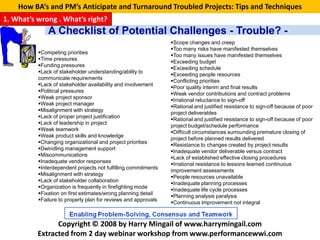 How BA’s and PM’s Anticipate and Turnaround Troubled Projects: Tips and Techniques
1. What’s wrong . What’s right?
              A Checklist of Potential Challenges - Trouble? -
                                                                Scope changes and creep
                                                                Too many risks have manifested themselves
          Competing priorities
                                                                Too many issues have manifested themselves
          Time pressures
                                                                Exceeding budget
          Funding pressures
                                                                Exceeding schedule
          Lack of stakeholder understanding/ability to
                                                                Exceeding people resources
          communicate requirements
                                                                Conflicting priorities
          Lack of stakeholder availability and involvement
                                                                Poor quality interim and final results
          Political pressures
                                                                Weak vendor contributions and contract problems
          Weak project sponsor
                                                                Irrational reluctance to sign-off
          Weak project manager
                                                                Rational and justified resistance to sign-off because of poor
          Misalignment with strategy
                                                                project deliverables
          Lack of proper project justification
                                                                Rational and justified resistance to sign-off because of poor
          Lack of leadership in project
                                                                project budget/schedule performance
          Weak teamwork
                                                                Difficult circumstances surrounding premature closing of
          Weak product skills and knowledge
                                                                project before planned results delivered
          Changing organizational and project priorities
                                                                Resistance to changes created by project results
          Dwindling management support
                                                                Inadequate vendor deliverable versus contract
          Miscommunications
                                                                Lack of established effective closing procedures
          Inadequate vendor responses
                                                                Irrational resistance to lessons learned continuous
          Interdependent projects not fulfilling commitments
                                                                improvement assessments
          Misalignment with strategy
                                                                People resources unavailable
          Lack of stakeholder collaboration
                                                                Inadequate planning processes
          Organization is frequently in firefighting mode
                                                                Inadequate life cycle processes
          Fixation on first estimates/wrong planning detail
                                                                Planning analysis paralysis
          Failure to properly plan for reviews and approvals
                                                                Continuous improvement not integral



                Copyright © 2008 by Harry Mingail of www.harrymingail.com
          Extracted from 2 day webinar workshop from www.performancewwi.com
 