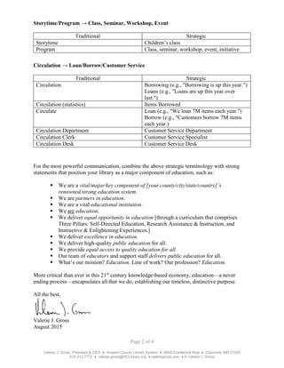 Page 2 of 4
Valerie J. Gross, President & CEO ♦ Howard County Library System ♦ 6600 Cradlerock Way ♦ Columbia, MD 21045
410.313.7772 ♦ valerie.gross@HCLibrary.org ♦ valeriegross.com ♦ © Valerie J. Gross
Storytime/Program → Class, Seminar, Workshop, Event
Traditional Strategic
Storytime Children’s class
Program Class, seminar, workshop, event, initiative
Circulation → Loan/Borrow/Customer Service
Traditional Strategic
Circulation Borrowing (e.g., "Borrowing is up this year.”)
Loans (e.g., "Loans are up this year over
last.")
Circulation (statistics) Items Borrowed
Circulate Loan (e.g., "We loan 7M items each year.")
Borrow (e.g., "Customers borrow 7M items
each year.)
Circulation Department Customer Service Department
Circulation Clerk Customer Service Specialist
Circulation Desk Customer Service Desk
For the most powerful communication, combine the above strategic terminology with strong
statements that position your library as a major component of education, such as:
 We are a vital/major/key component of [your county/city/state/country]’s
renowned/strong education system.
 We are partners in education.
 We are a vital educational institution.
 We are education.
 We deliver equal opportunity in education [through a curriculum that comprises
Three Pillars: Self-Directed Education, Research Assistance & Instruction, and
Instructive & Enlightening Experiences.]
 We deliver excellence in education.
 We deliver high-quality public education for all.
 We provide equal access to quality education for all.
 Our team of educators and support staff delivers public education for all.
 What’s our mission? Education. Line of work? Our profession? Education.
More critical than ever in this 21st
century knowledge-based economy, education—a never
ending process—encapsulates all that we do, establishing our timeless, distinctive purpose.
All the best,
Valerie J. Gross
August 2015
 