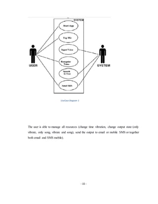 - 15 -
UseCase Diagram 1
The user is able to manage all resources (change time vibration, change output state (only
vibrate, only song, vibrate and song), send the output to email or mobile SMS or together
both email and SMS mobile).
 