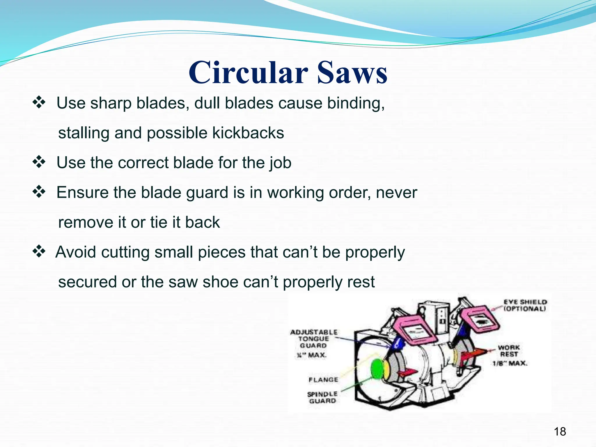 Circular Saws
18
 Use sharp blades, dull blades cause binding,
stalling and possible kickbacks
 Use the correct blade for the job
 Ensure the blade guard is in working order, never
remove it or tie it back
 Avoid cutting small pieces that can’t be properly
secured or the saw shoe can’t properly rest
 