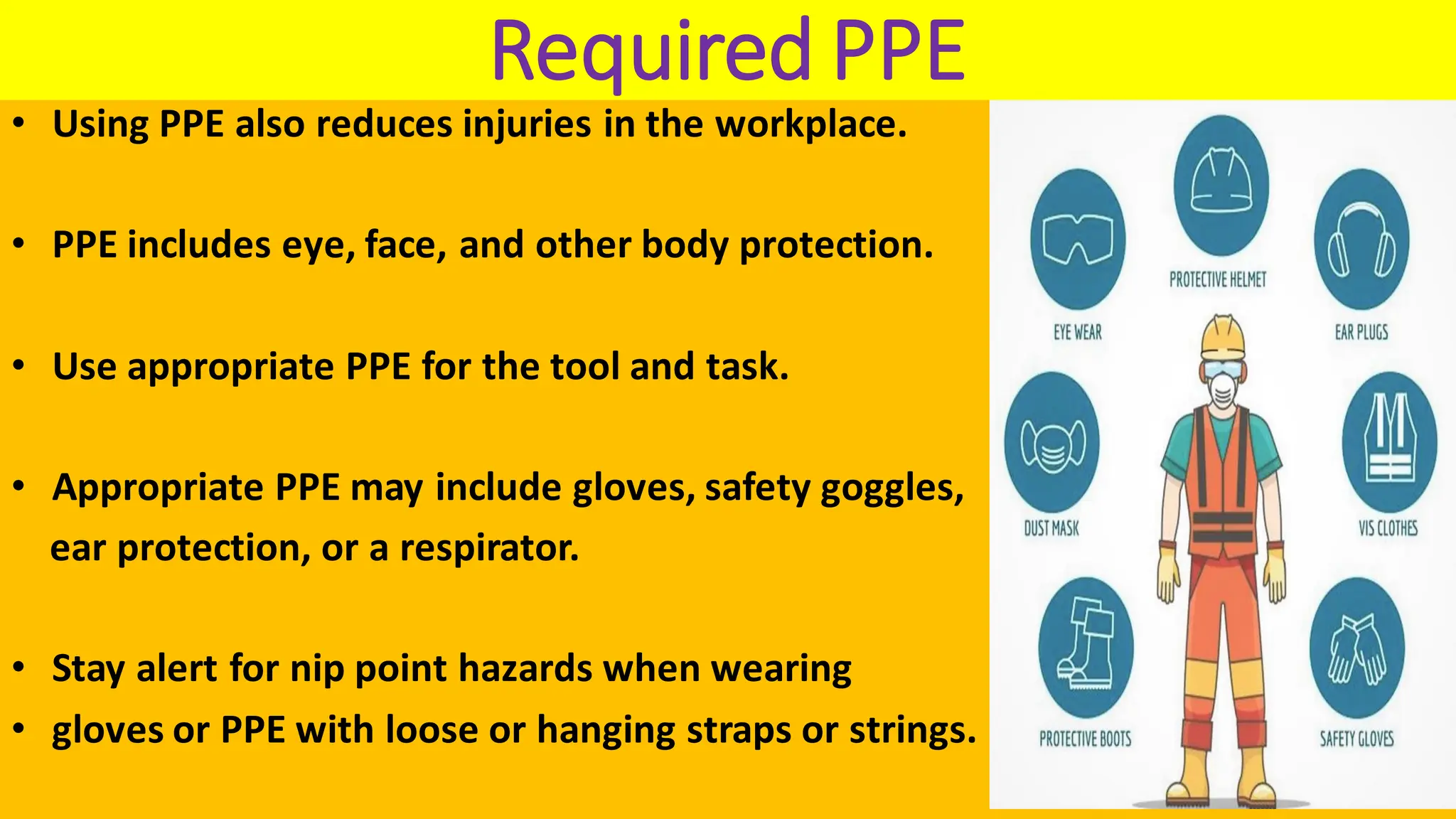 Required PPE
• Using PPE also reduces injuries in the workplace.
• PPE includes eye, face, and other body protection.
• Use appropriate PPE for the tool and task.
• Appropriate PPE may include gloves, safety goggles,
ear protection, or a respirator.
• Stay alert for nip point hazards when wearing
• gloves or PPE with loose or hanging straps or strings.
 