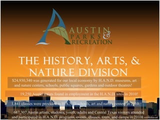 THE HISTORY, ARTS, &
     NATURE DIVISION
$24,930,340 was generated for our local economy by H.A.N.D. museums, art
 and nature centers, schools, public squares, gardens and outdoor theatres!

     19,250 Austin artists found in employment in the H.A.N.D. sites in 2010!

1,841 classes were provided in H.A.N.D schools, art and nature centers in 2010.

 687,307 Austin artists, students, youth, adults and Central Texas visitors attended
and participated in H.A.N.D. programs, events, classes, tours, and camps in 2010!
 