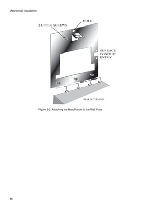 Mechanical Installation


                                                              HOLE
                          2 UPPER SCREWS




                                                                             SURFACE
                                                                             CONDUIT
                                                                             ENTRY




                                                               REAR OF TERMINAL



                          Figure 3-3: Attaching the HandPunch to the Wall Plate




16
 